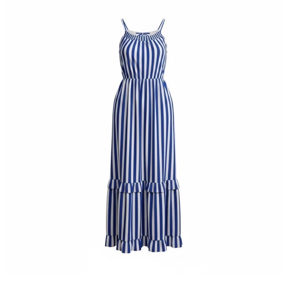Pomander Place Dress Women M Blue Stripe Maxi B1049 Tiered Ruffle Smocked Cotton